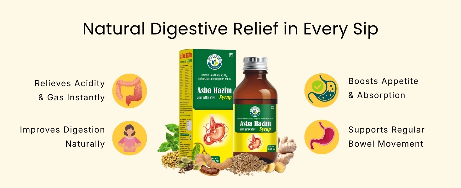 Asba Hazim Syrup Fast Relief from Acidity, Gas & Bloating Banner